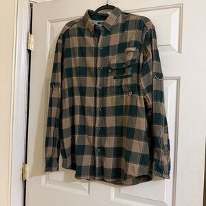 Columbia PFG Men's Flannel Plaid Button Down Shirt Green Tan Size Large L